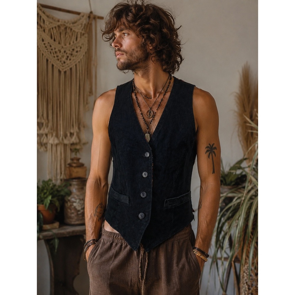 British Mist Vintage Black Suede Leather Paisley Back Vest Small Adj 80s